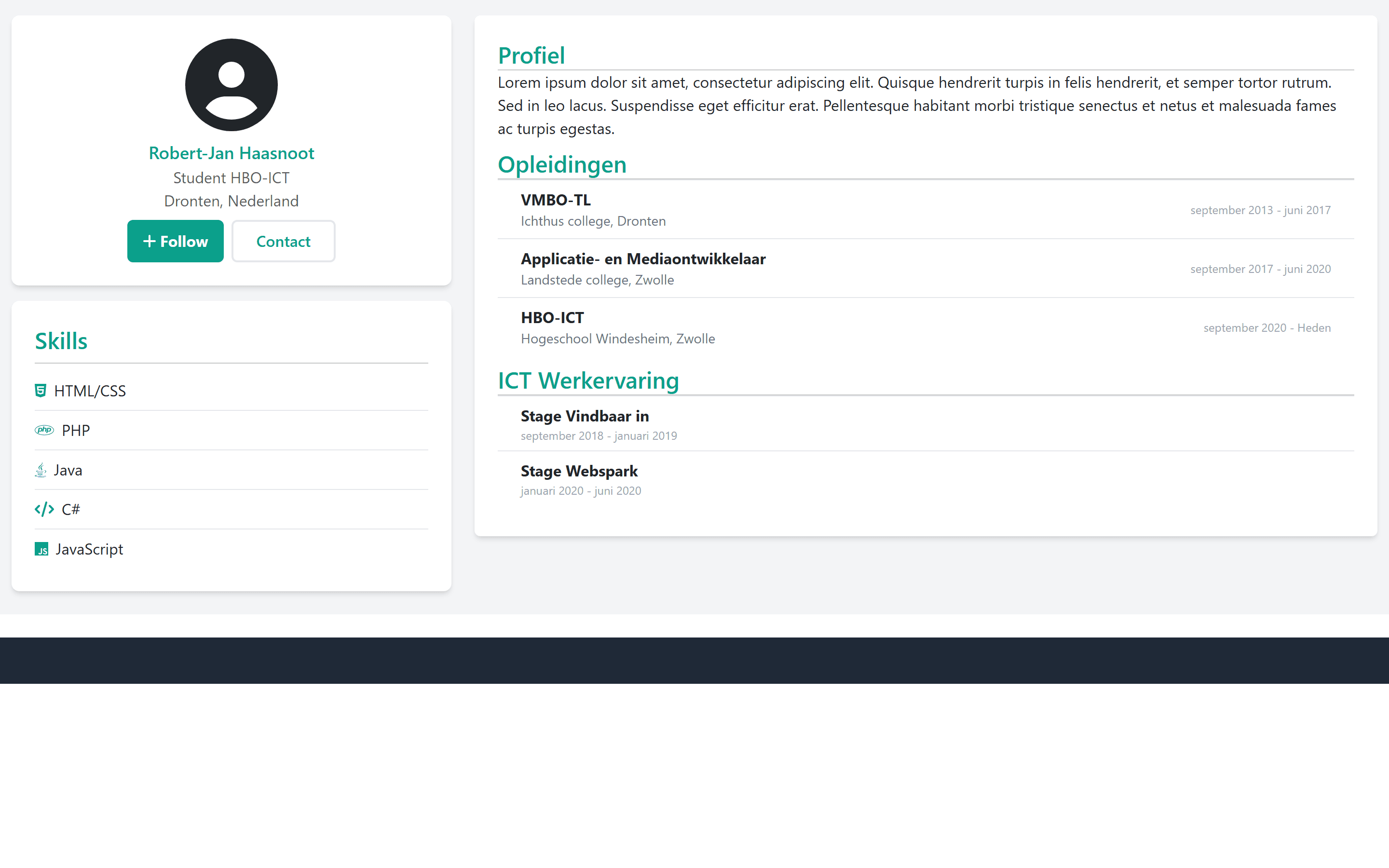 Een profielpagina met skills, opleidingen en werkervaring, in de groene MotiFit-huisstijl.
