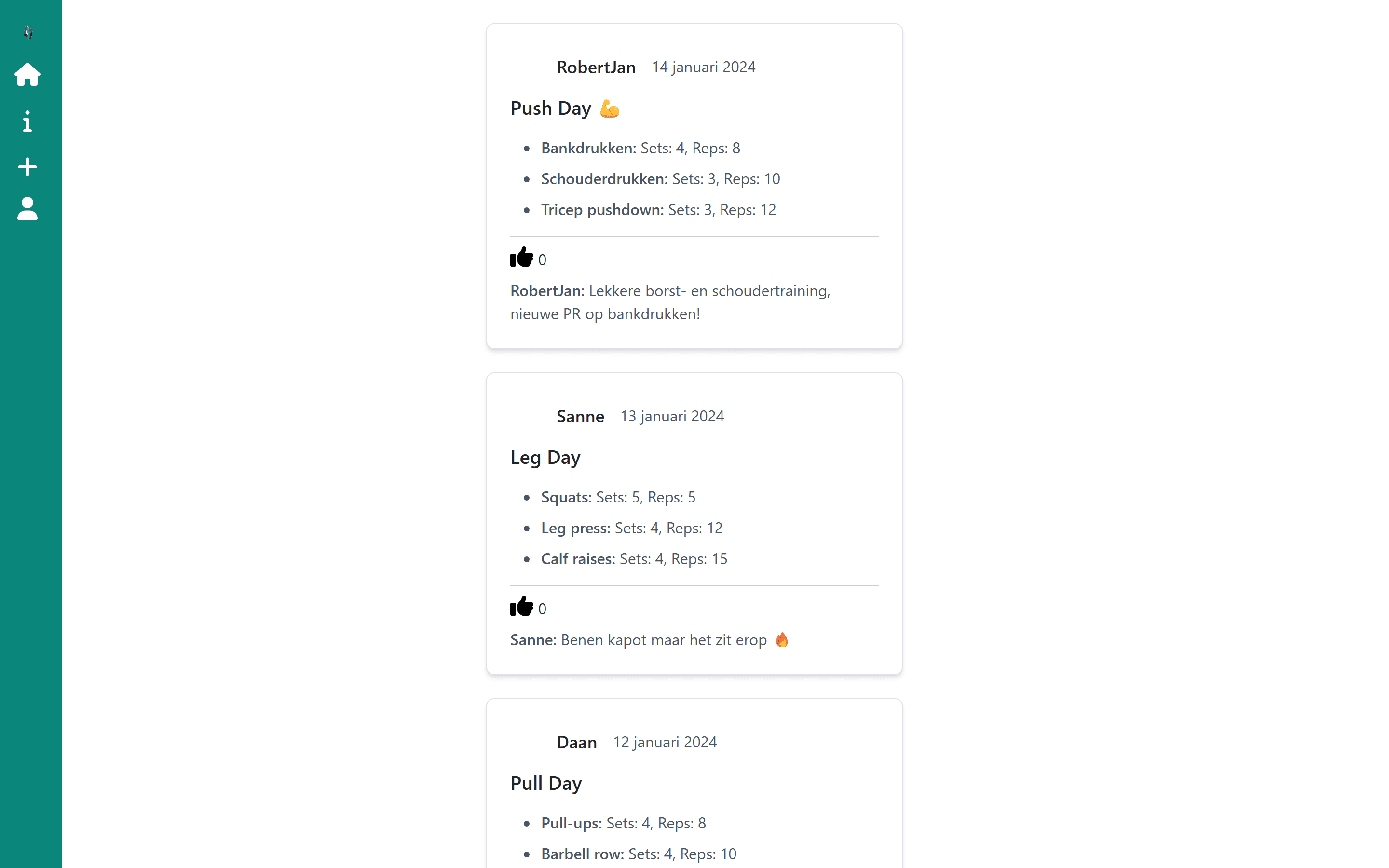 De kern van het platform: een social workout-feed waar sporters hun trainingen met sets en reps delen en liken.