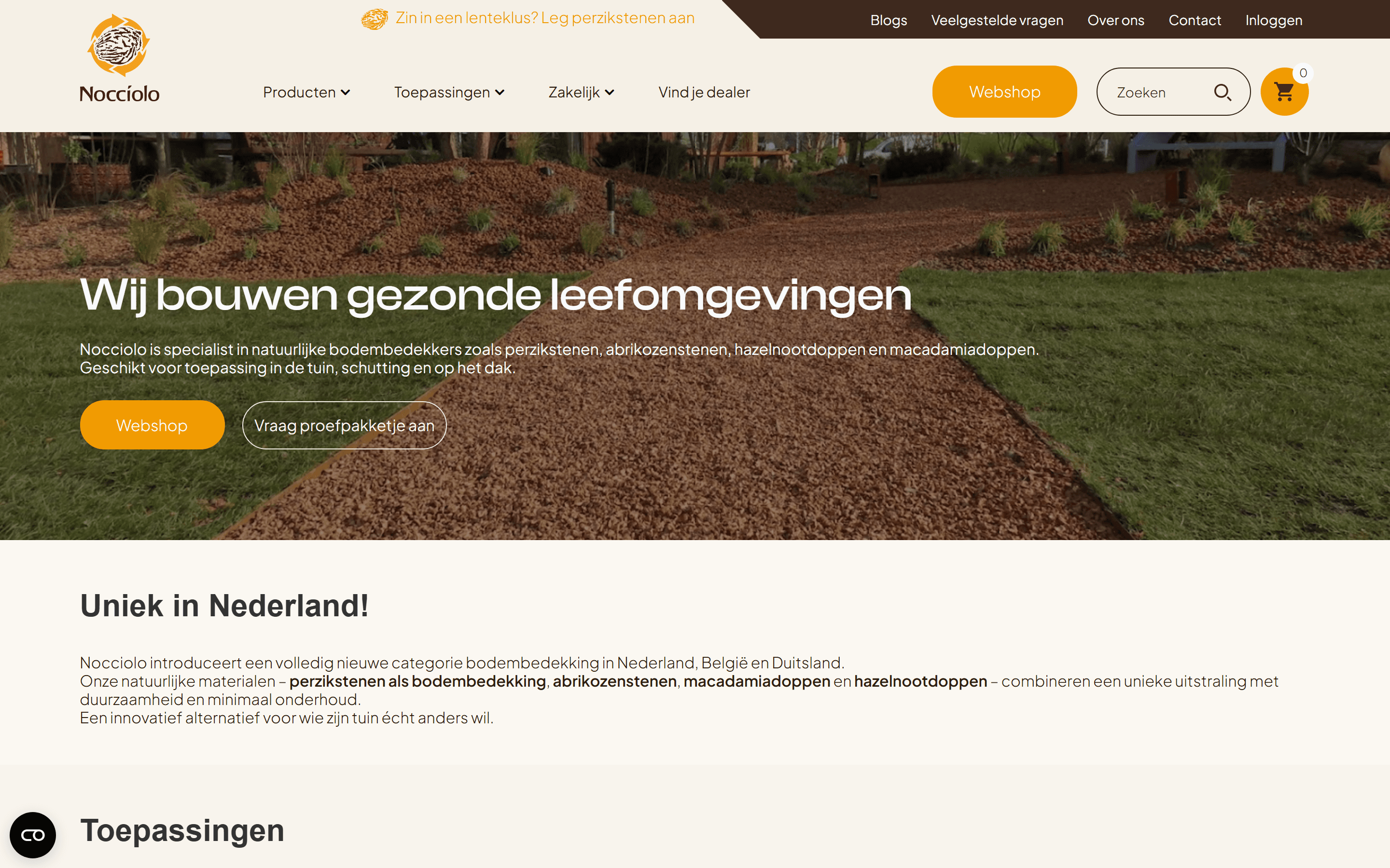 De homepage van Nocciolo, de webshop voor natuurlijke bodembedekkers waarvoor ik aan SEO, SEA en conversie werkte.