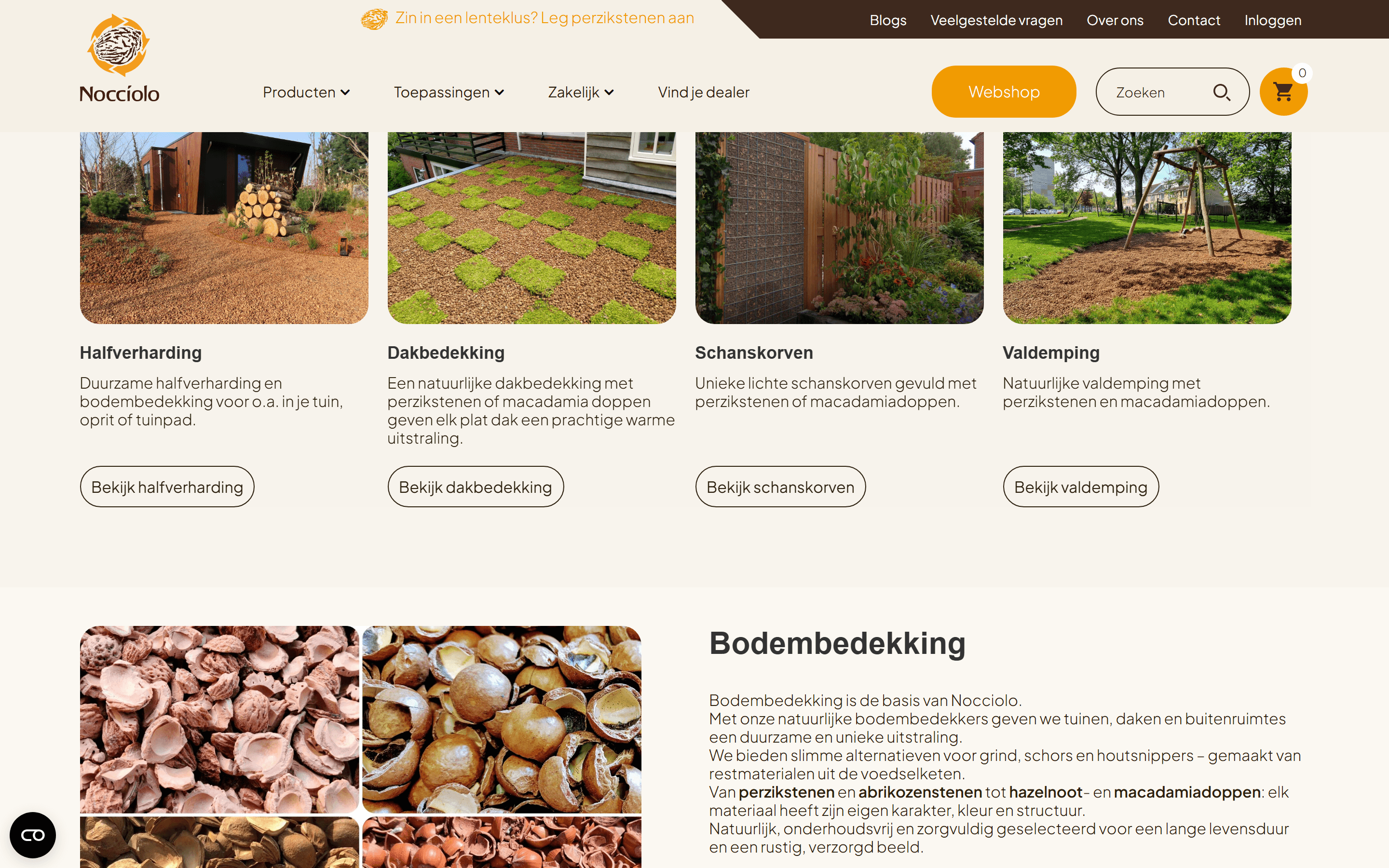 De productcategorieën en toepassingen, met duidelijke call-to-actions richting de webshop.