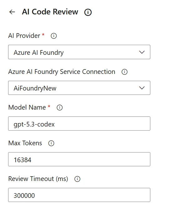De pipeline task configureert zichzelf: provider, service connection, model en de grenzen waarbinnen de review mag draaien.
