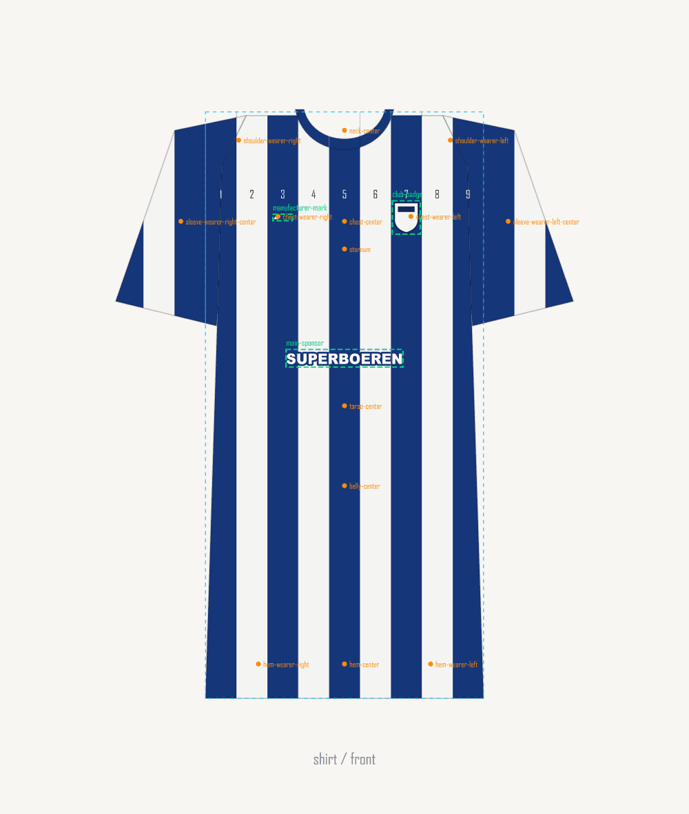 De debugweergave van de renderer, met baanindexen en ankerpunten. Een badge staat op een baan, niet op een coordinaat, dus een correctie in het streepaantal verschuift alles netjes mee.