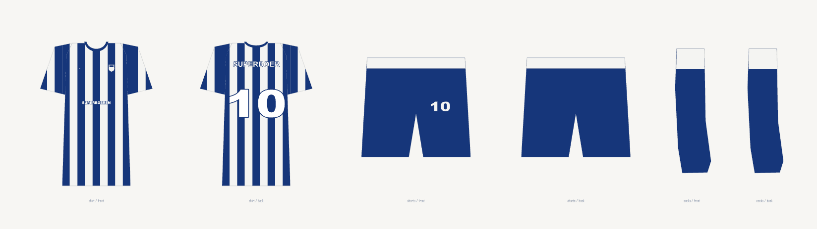 De volledige uitdraai van een tenue zoals kitmcp hem schrijft: shirt, broek en sokken, voor- en achterkant, allemaal uit een spec.