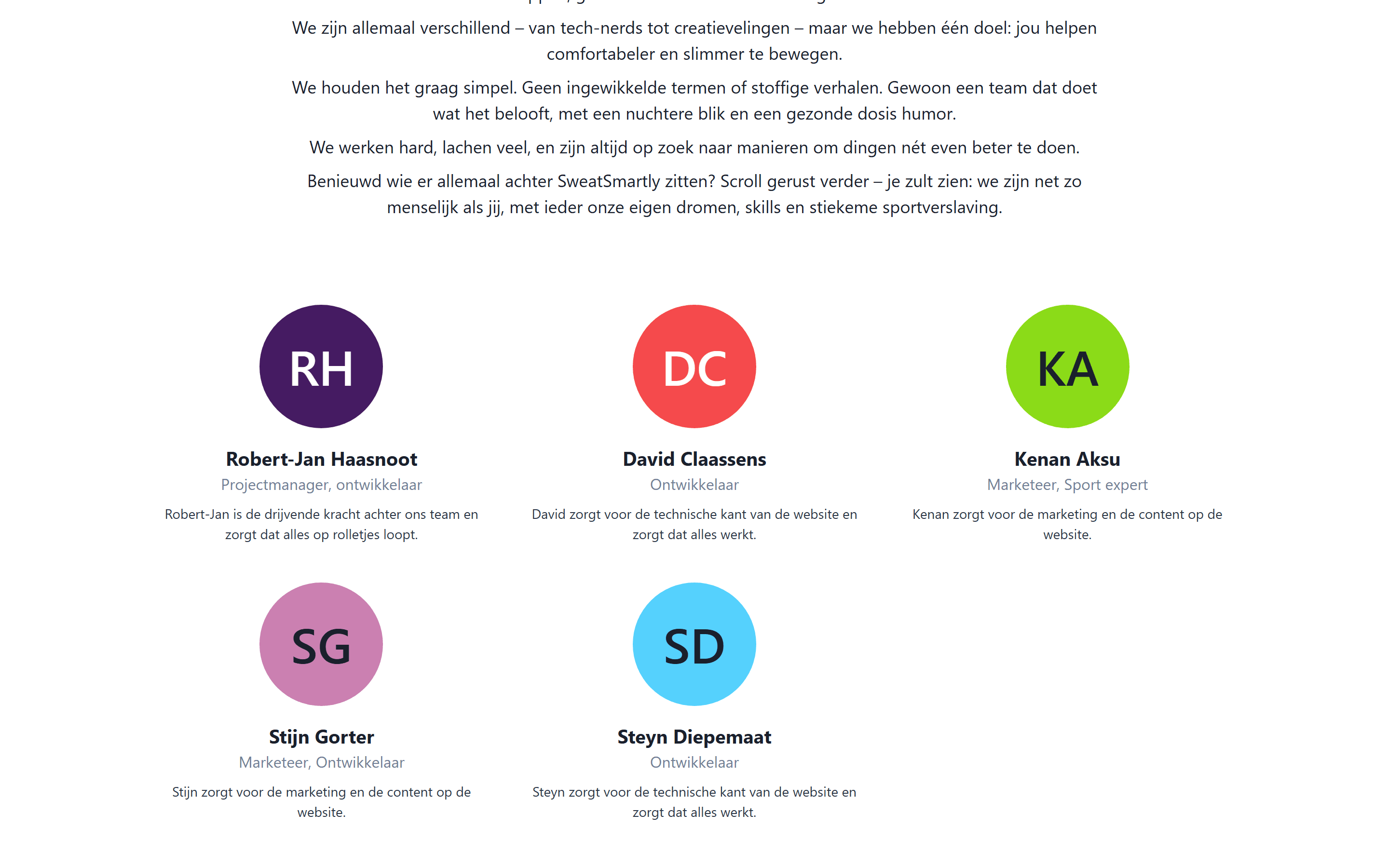 De teampagina geeft het platform een gezicht, inclusief mijn eigen rol als oprichter en ontwikkelaar.